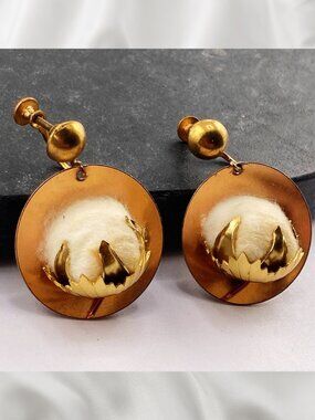 VINTAGE copper and real cotton ball flower screw-back earrings boho 1940s 1950s